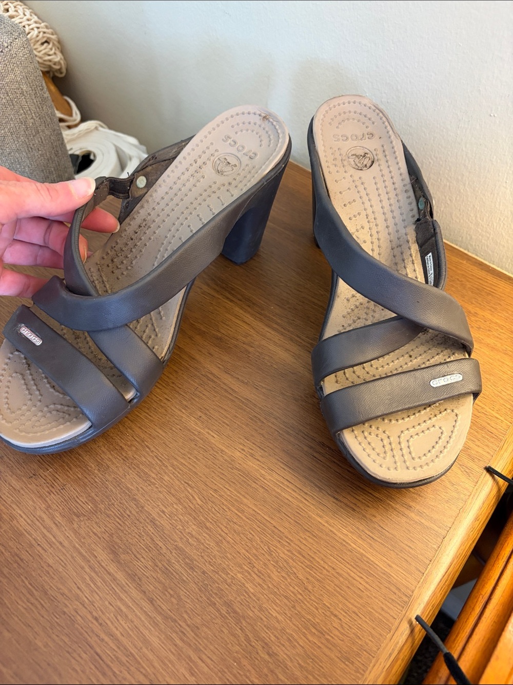 CROCS Women's Brown Heeled Slide Sandals with Tan Footbed